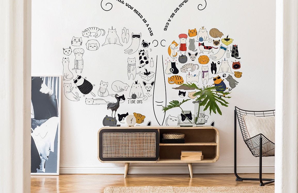 custom wallpaper mural for hallway, a design of cat pattern butterfly