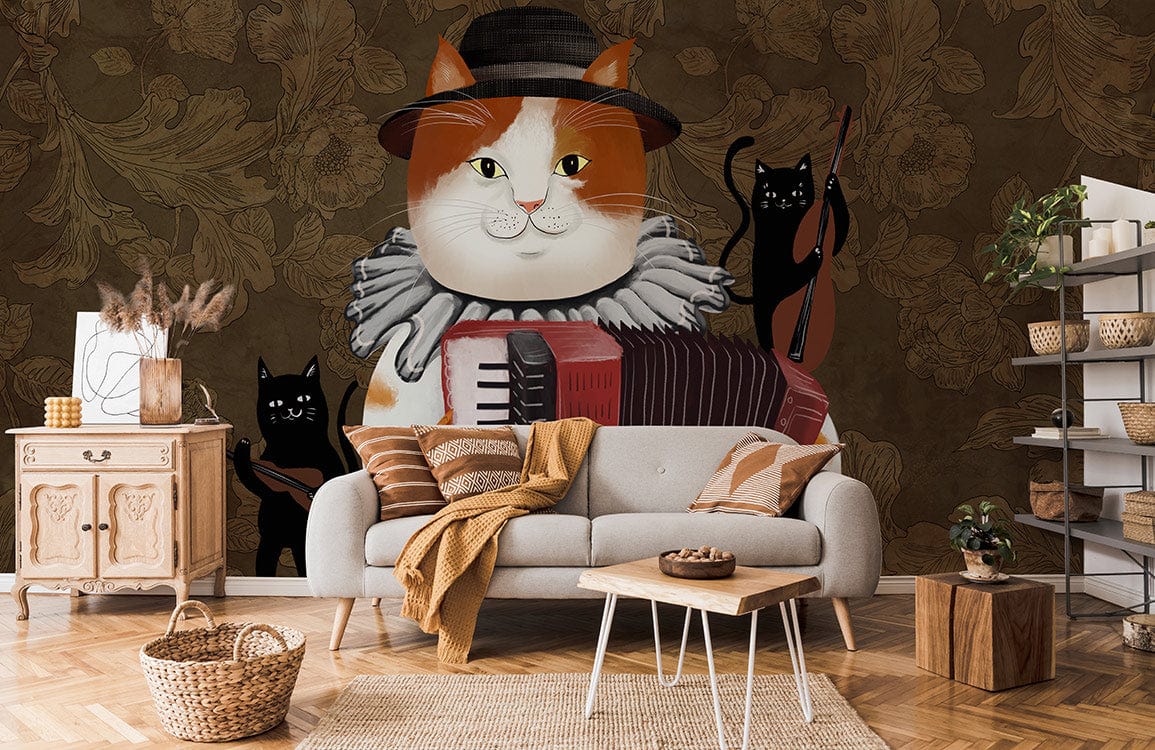 Cats Playing Accordion wallpaper on brown wall, beige sofa, wooden flooring, rustic cabinet, basket decor.