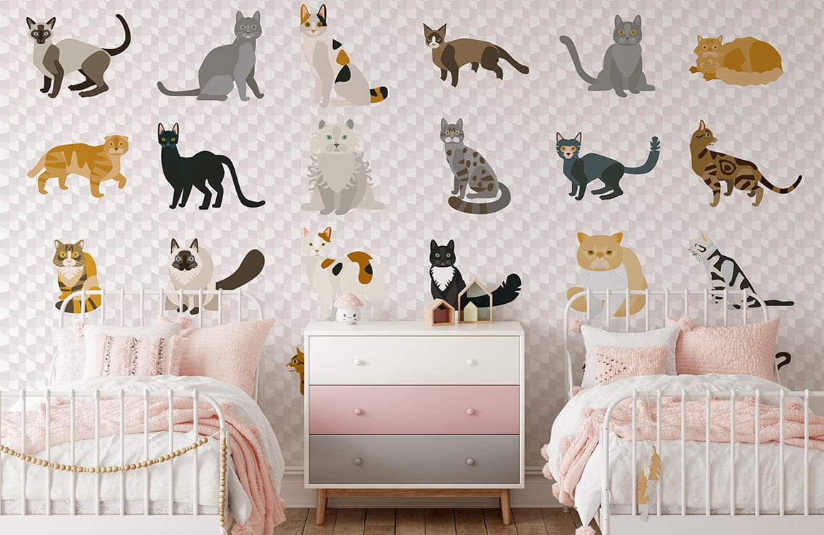 Colourful Cat Pattern Wallpaper in a child's bedroom, featuring twin beds, pink accents, and wooden flooring.