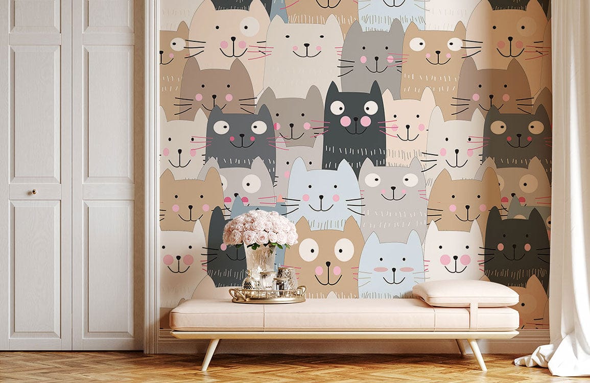 Playful pastel cats wallpaper, enhancing nursery with a beige sofa and wooden flooring.