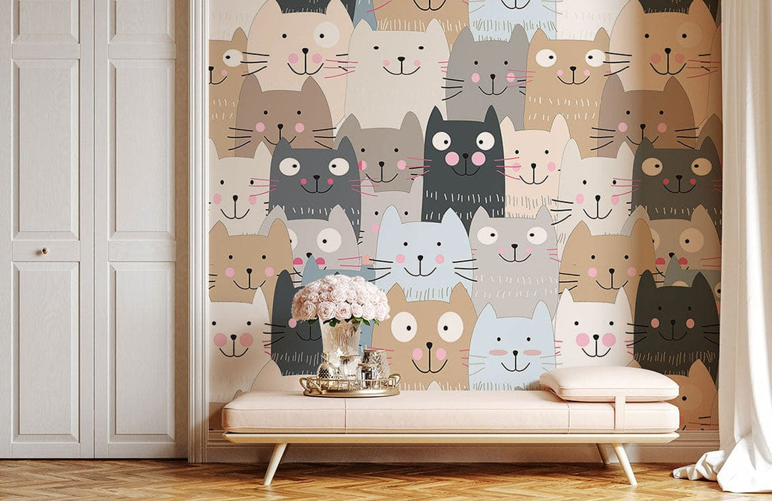 Playful pastel cats wallpaper, enhancing nursery with a beige sofa and wooden flooring.