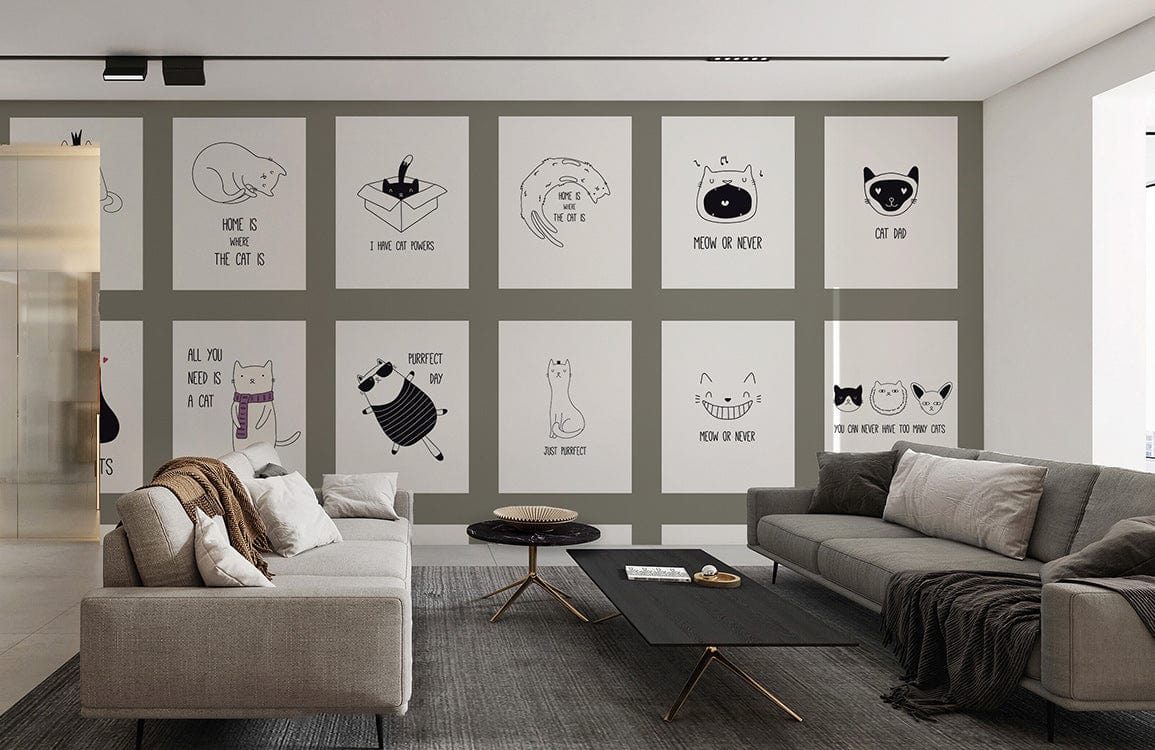 Charming cat-themed mural wallpaper in soft pastels, grey sofas, modern living room, sleek coffee table.