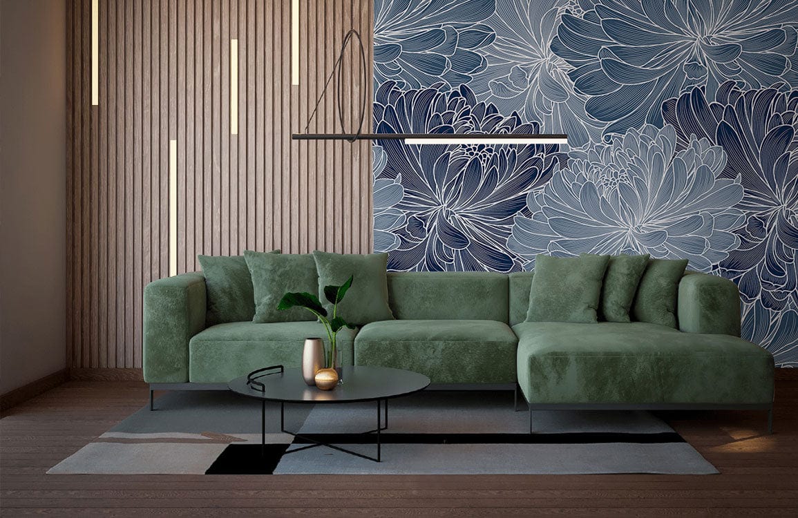 Elegant blue floral wallpaper with green sofa, wooden panel wall, modern lighting, and dark flooring.