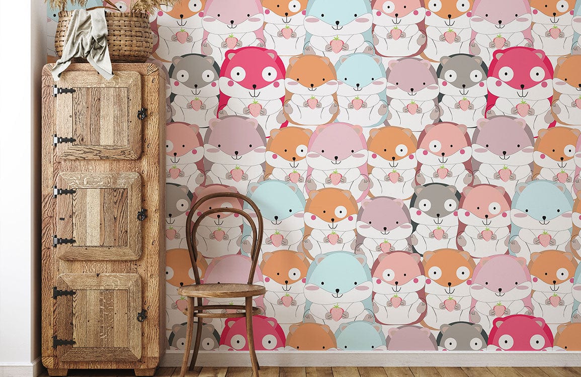 Charming pastel hamster wallpaper in kids' room, wooden cabinet, vintage chair, wooden flooring.
