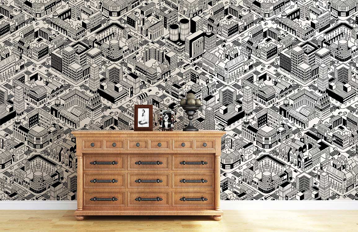 Black and White Urban Cityscape Geometric Pattern Wallpaper, mural behind wooden dresser, light wood flooring.