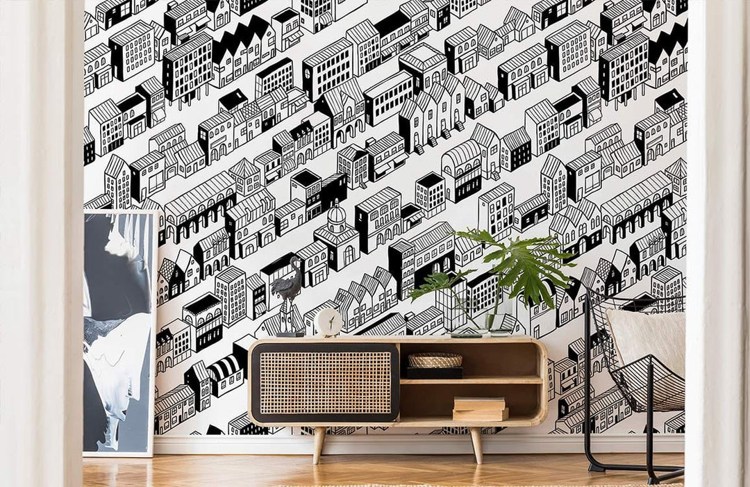 Monochrome urban wallpaper in living room, featuring wooden sideboard and contemporary chair on wooden flooring.