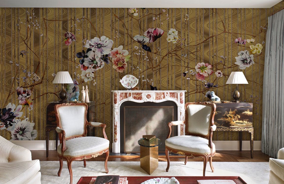 Elegant Gold Floral Pattern Wallpaper in vintage themed living room, white armchairs, dark wood flooring.