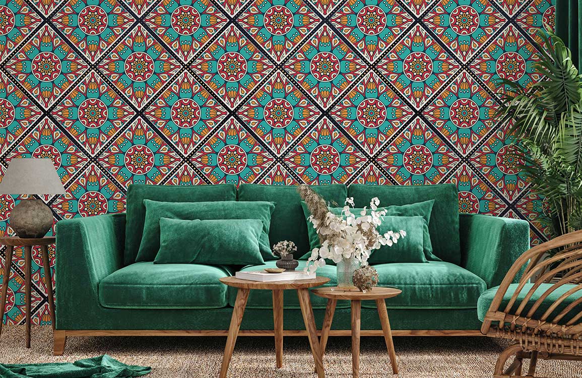 Vibrant Geometric Mosaic Pattern Wallpaper in room with teal velvet sofa, wooden tables, and beige carpet.