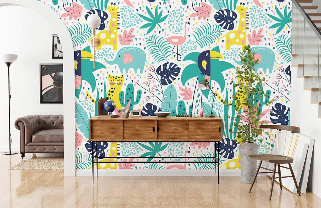 Colourful Jungle Safari Animal Adventure kids' wallpaper mural, playroom setting, wooden sideboard, brown sofa.