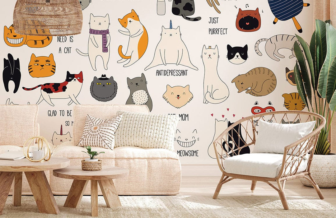 Playful cartoon cat wallpaper in kids' room with beige sofa, wooden flooring, and wicker chair.