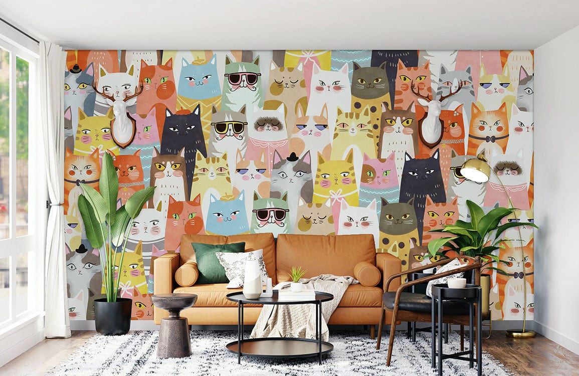 Colourful Whimsical Cats wallpaper decor in children's room, brown sofa, modern coffee table, geometric rug.