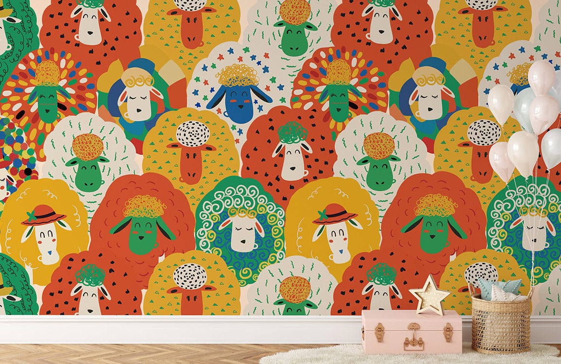 Colourful Funky Sheep Patterned Wallpaper in children's room with wooden flooring and playful decor elements.