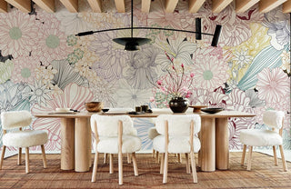 Colorful Linedrawn Flowers Wallpaper Mural