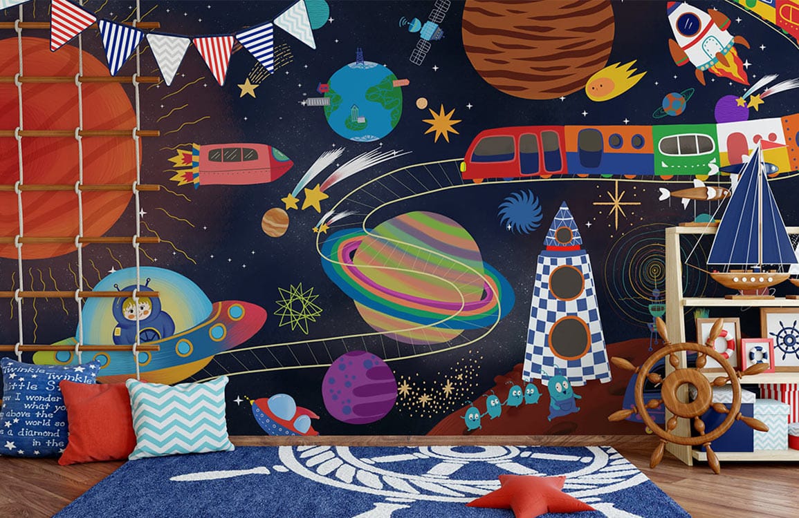 Colourful Outer Space Adventure Children's Mural Wallpaper in playroom with blue nautical-themed rug and decor.