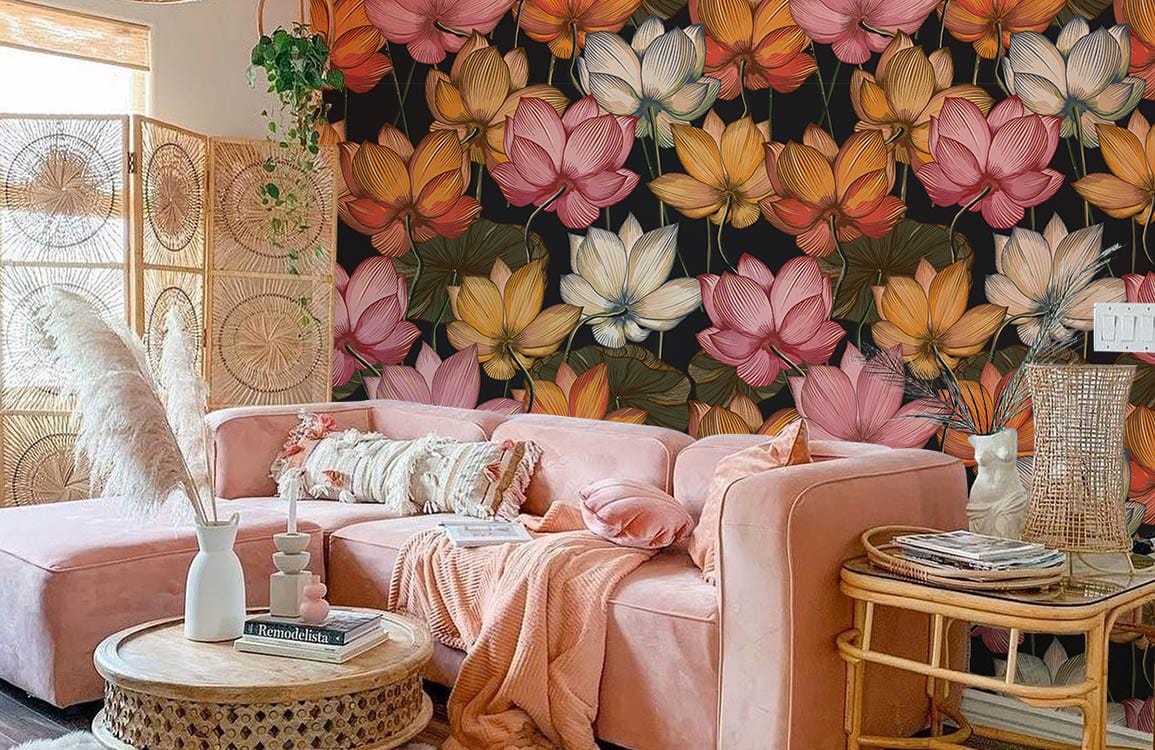 Vintage Floral Elegance lotus wallpaper, pink sofa, bohemian decor, wicker coffee table, cosy living room.