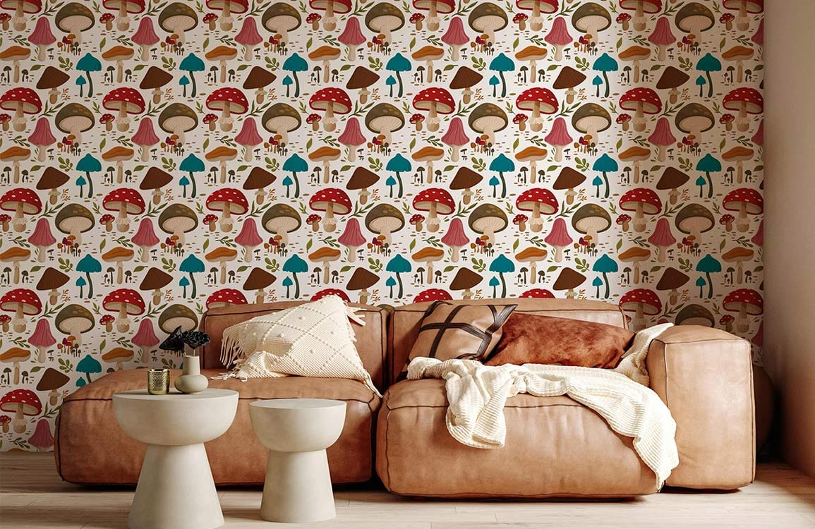 Whimsical mushroom wallpaper, earthy tones; retro style with brown leather sofa, beige throws, wooden flooring.