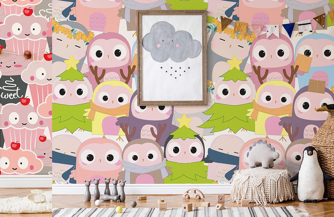 Cute Cartoon Owls and Trees Mural Wallpaper in pastel, children's bedroom with playful decor and toys.