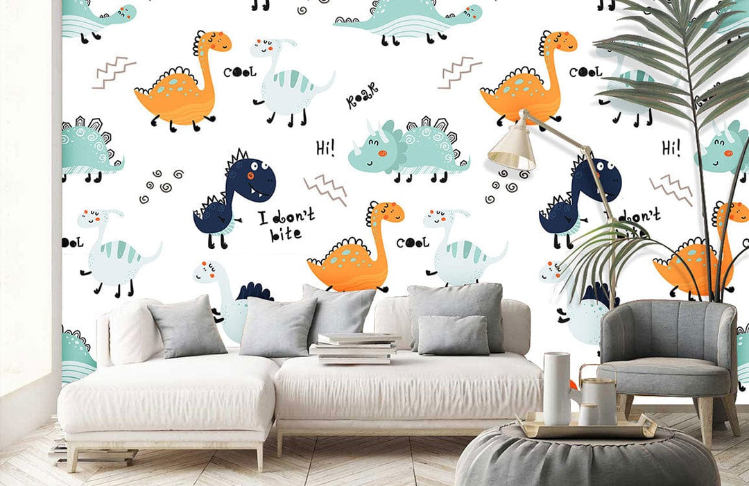 Whimsical dinosaur wallpaper in playroom with white sofa, light wooden flooring, and playful decor.