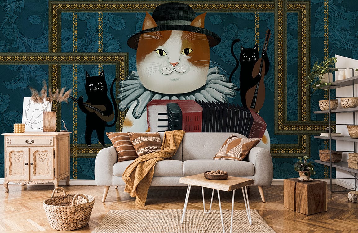 Vintage blue cat musician wallpaper with accordion, light grey sofa, wooden flooring, unique vintage decor.