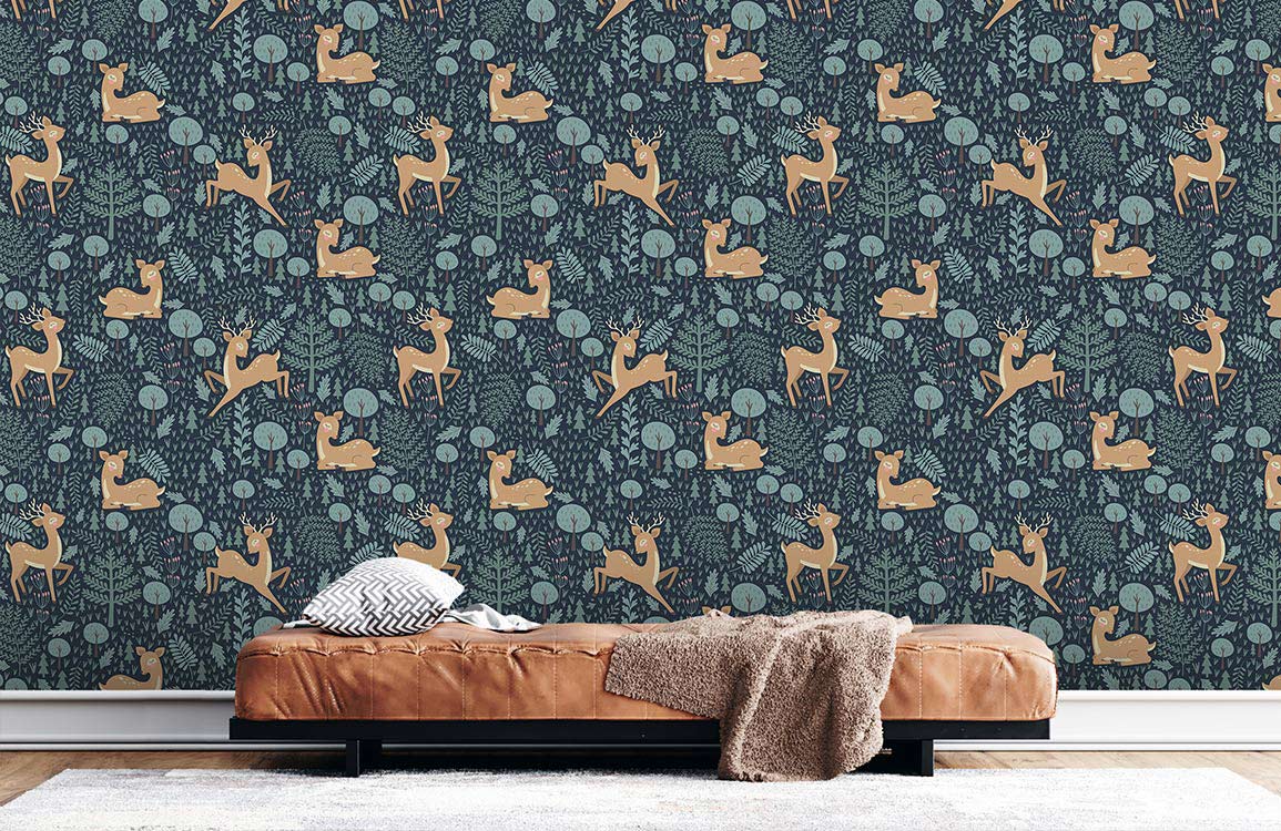 Charming Woodland Deer Pattern Wallpaper in soft blue and beige with brown leather sofa in living room.