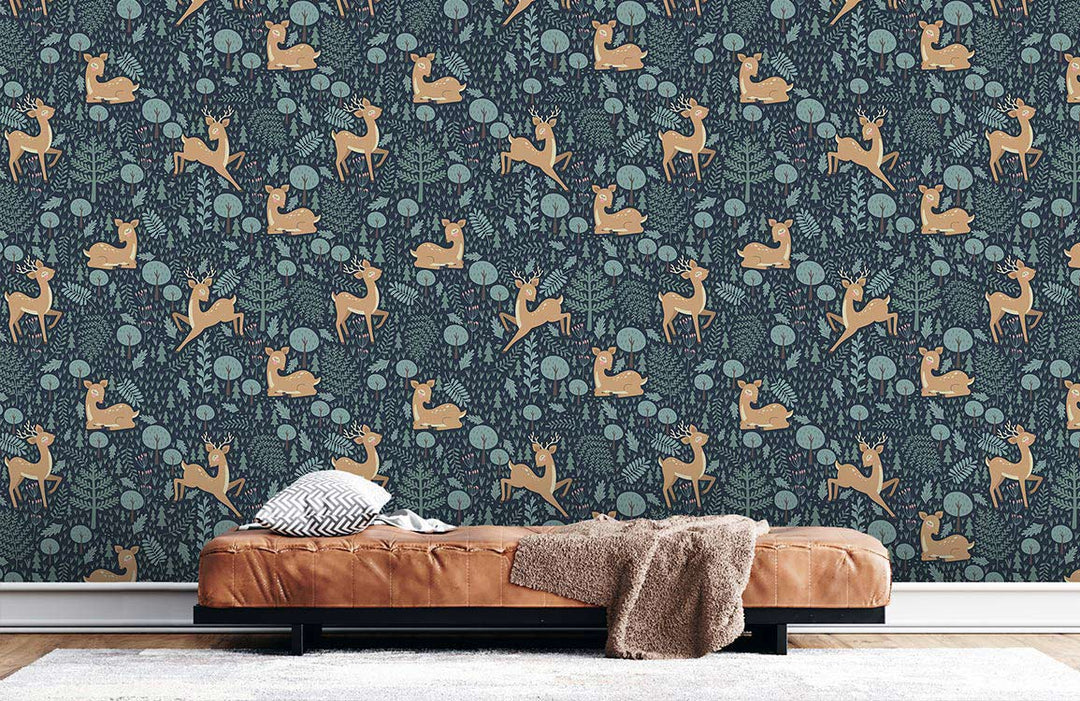 Charming Woodland Deer Pattern Wallpaper in soft blue and beige with brown leather sofa in living room.