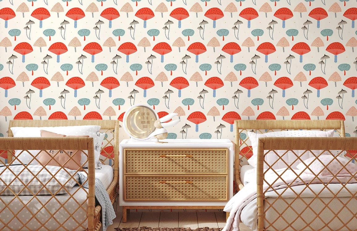 Vintage botanical mushroom wallpaper in red and blue tones, wicker furniture, neutral flooring, bedroom setting.