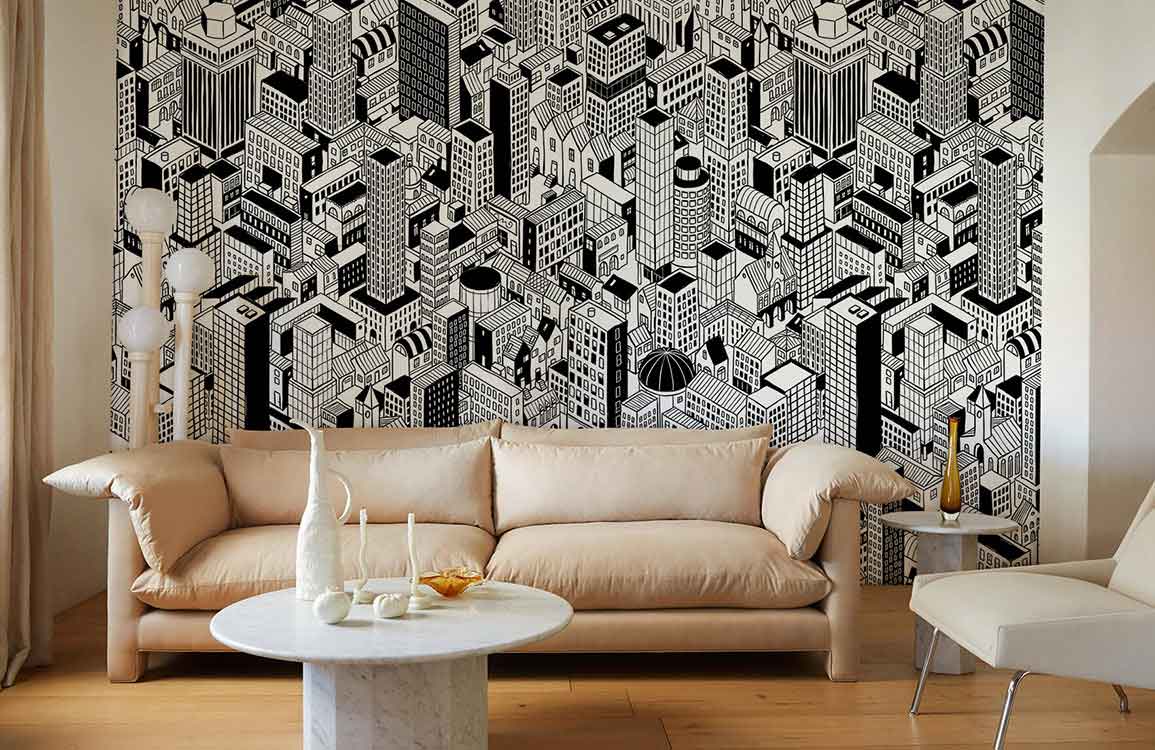 Contemporary black and white cityscape wallpaper with beige sofa, wooden flooring, and modern decor accents.