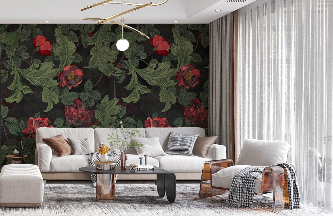 Vintage Botanical Floral Wallpaper with Lush Greenery, red blooms in stylish living room, neutral furniture.