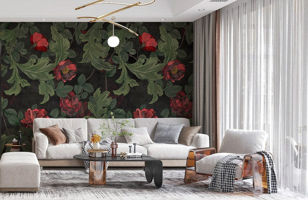 Vintage Botanical Floral Wallpaper with Lush Greenery, red blooms in stylish living room, neutral furniture.