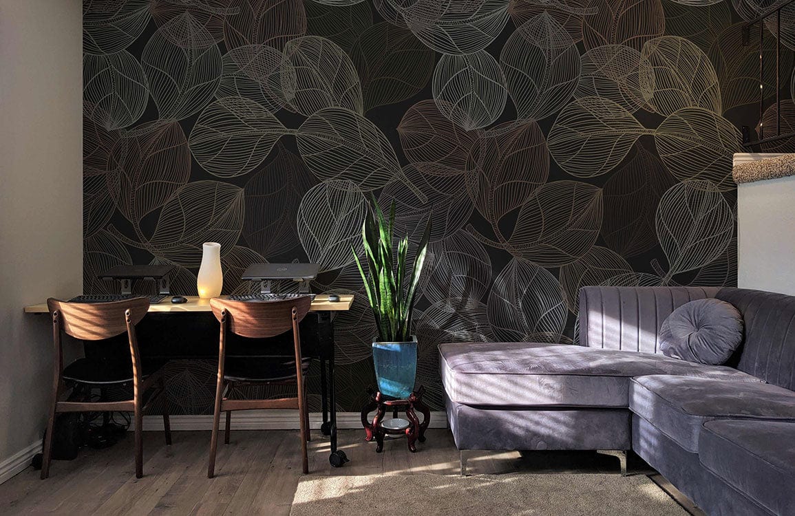custom wallpaper mural for living room and office, a design of dark leaves 