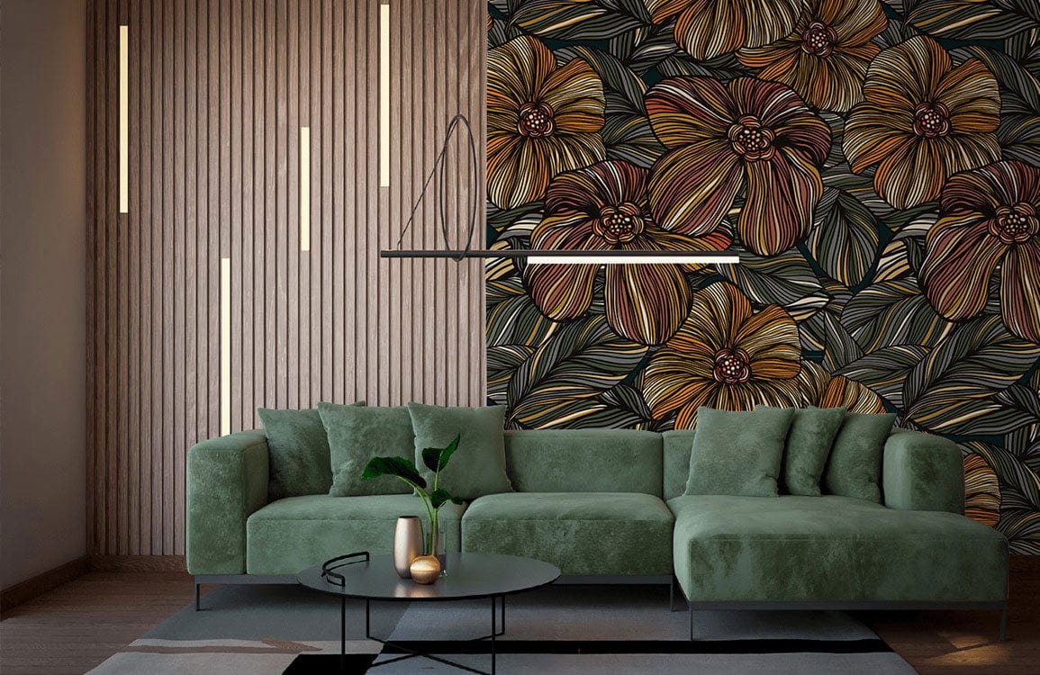 Autumnal botanical wallpaper in earthy tones, modern green sofa, stylish lounge with wooden panelling.