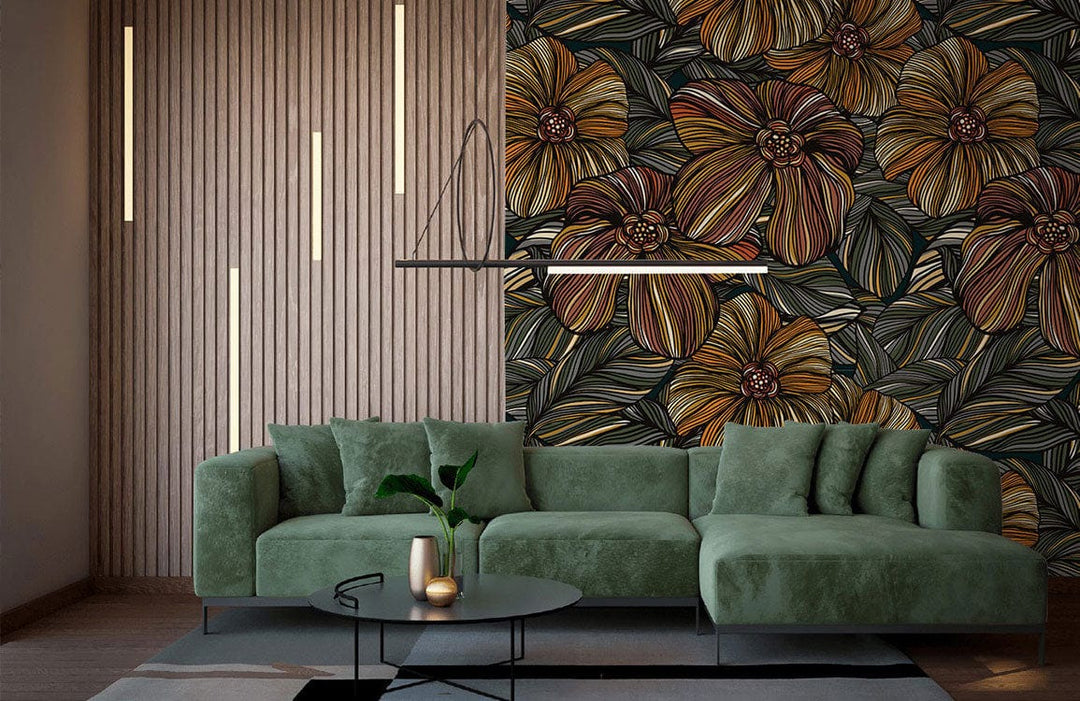 Autumnal botanical wallpaper in earthy tones, modern green sofa, stylish lounge with wooden panelling.