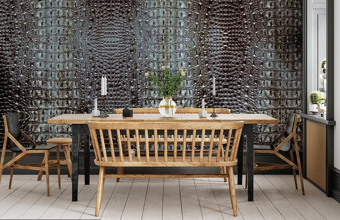 Luxurious brown crocodile wallpaper with wooden dining set, light flooring, and elegant interior decor.