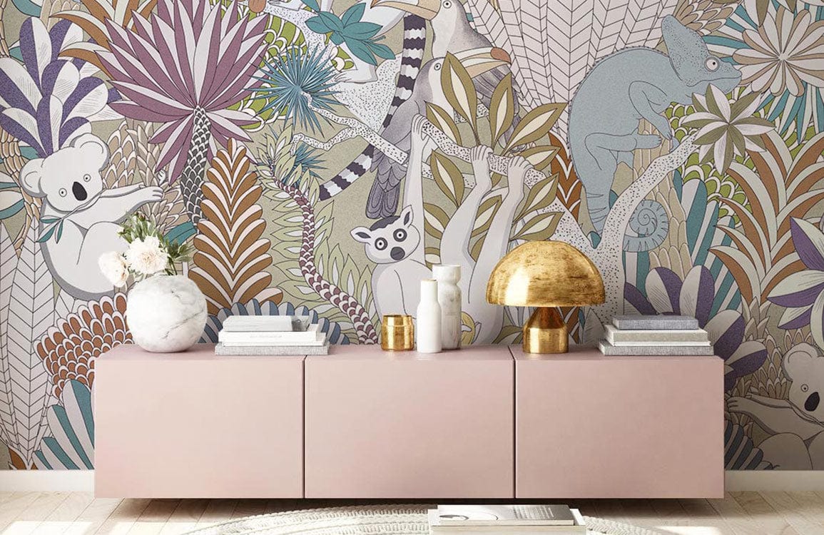 Jungle-themed wallpaper with exotic animals behind a modern pink sideboard, gold lamp, light wood flooring.