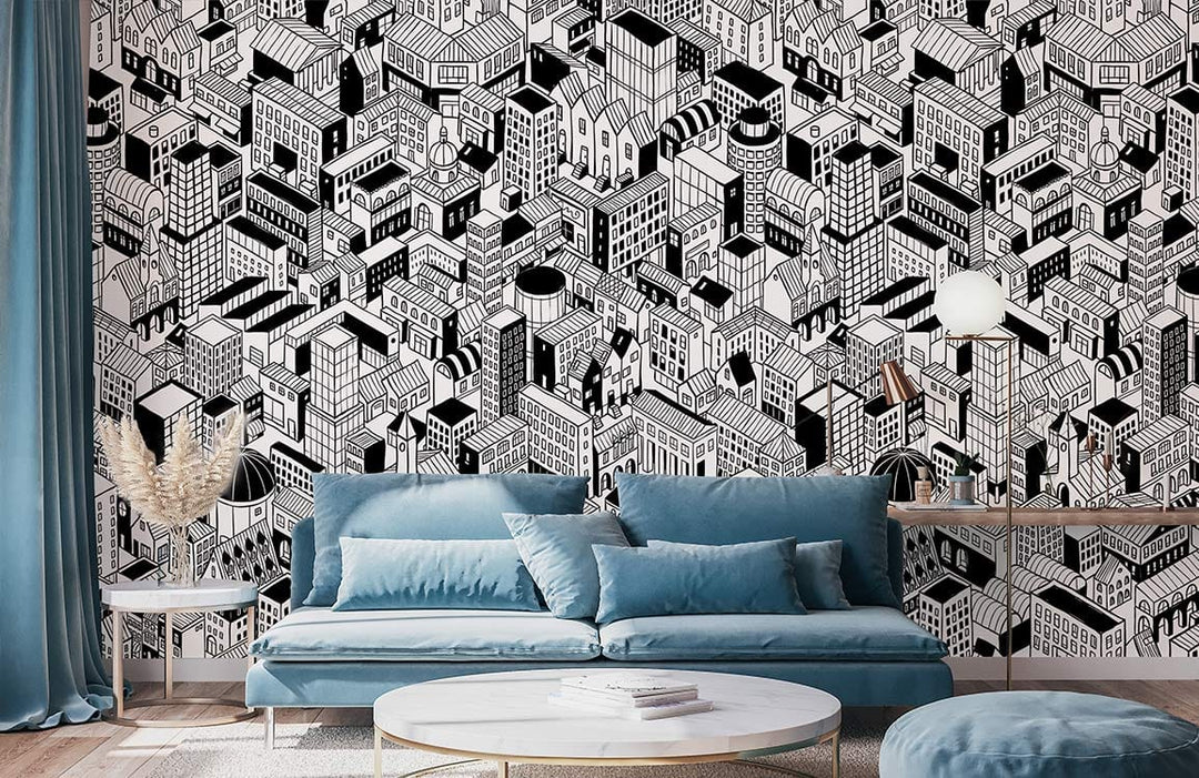 Monochrome urban cityscape wallpaper in modern living room with teal sofa, wooden flooring, stylish decor.