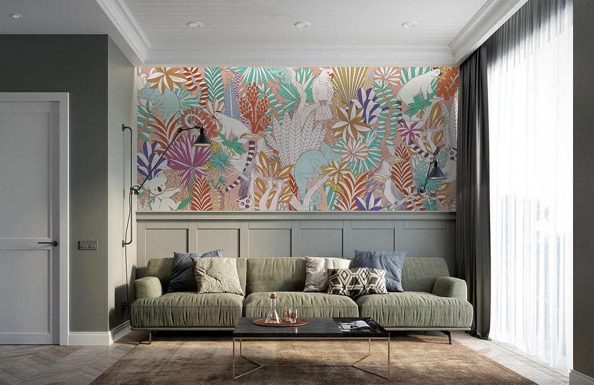 Tropical Jungle Animals mural wallpaper above green sofa in elegant living room with natural light.