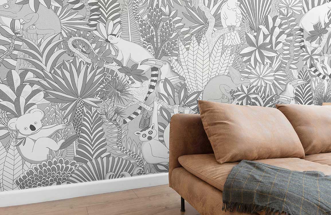 Tropical Jungle Safari Animals Mural Wallpaper, brown sofa, wooden flooring, black and white design.