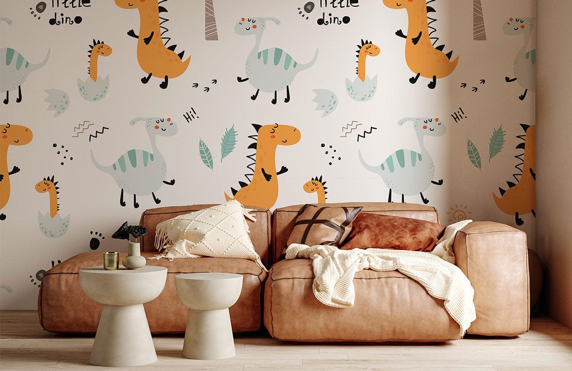 Playful Dinosaur Adventure Kids Wallpaper with beige sofa, wooden flooring, suitable for children's room.