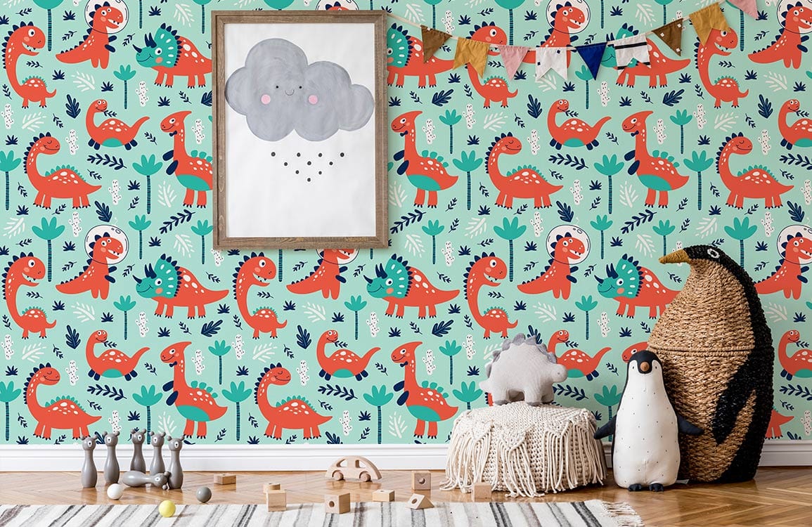 fresh green dinosaur pattern wallpaper for home