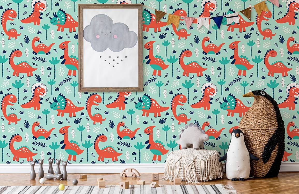Playful dinosaur-themed wallpaper; teal and red cartoon style; nursery; wood flooring; cloud art piece.