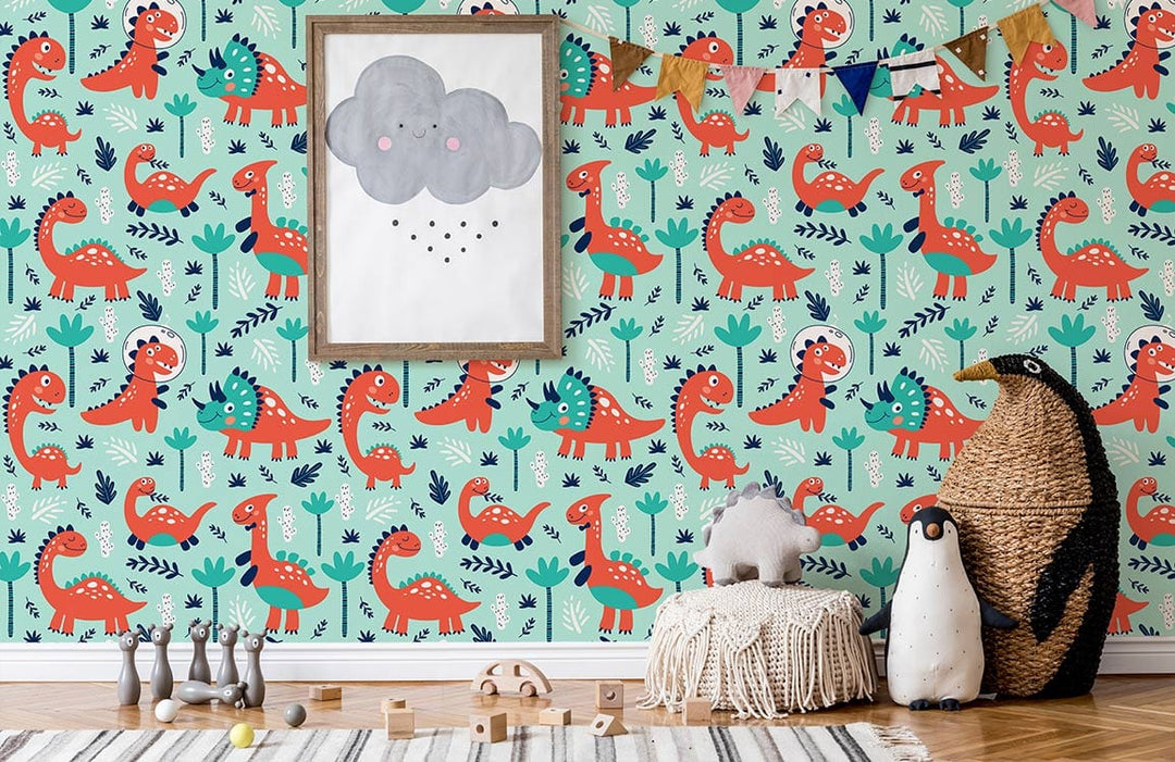 Playful dinosaur-themed wallpaper; teal and red cartoon style; nursery; wood flooring; cloud art piece.