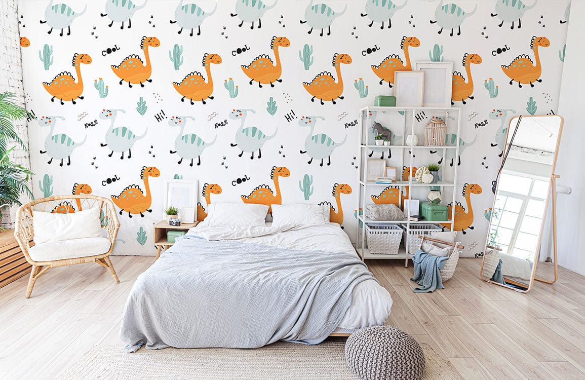 Adorable dinosaur pattern wallpaper in kids' bedroom with grey bed, wooden chair, and mirror.