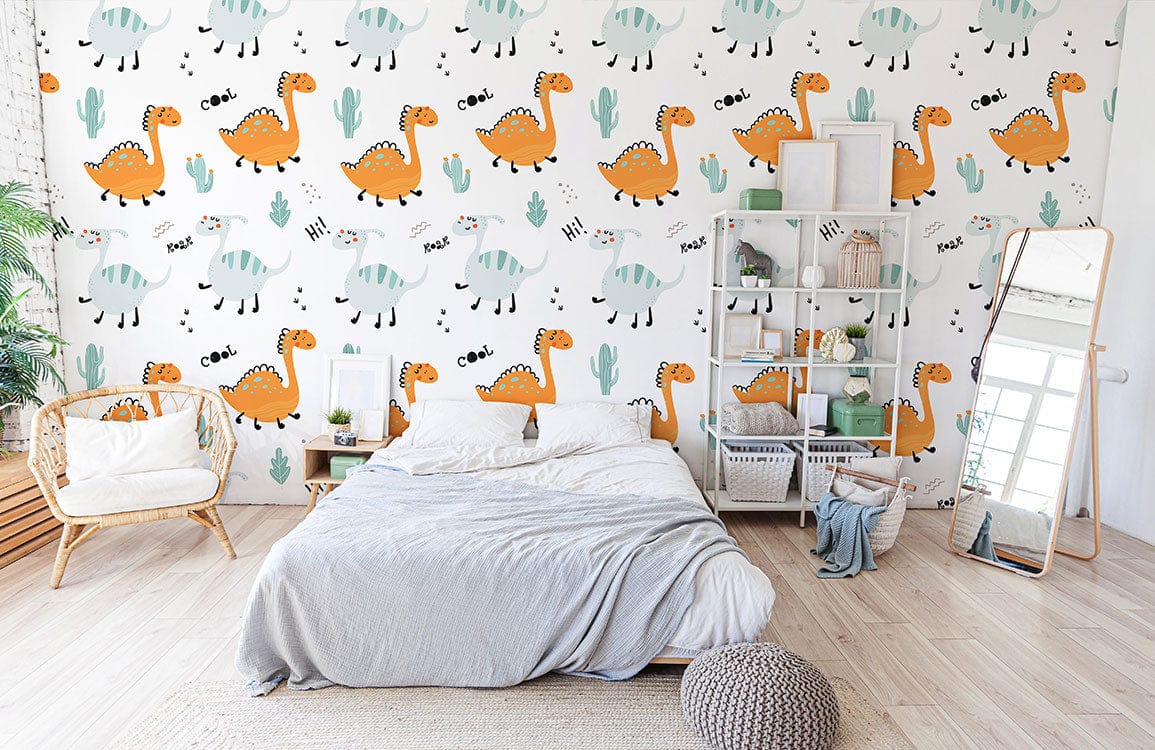 cartoon dinosaur lines and tree leaves wallpaper for home