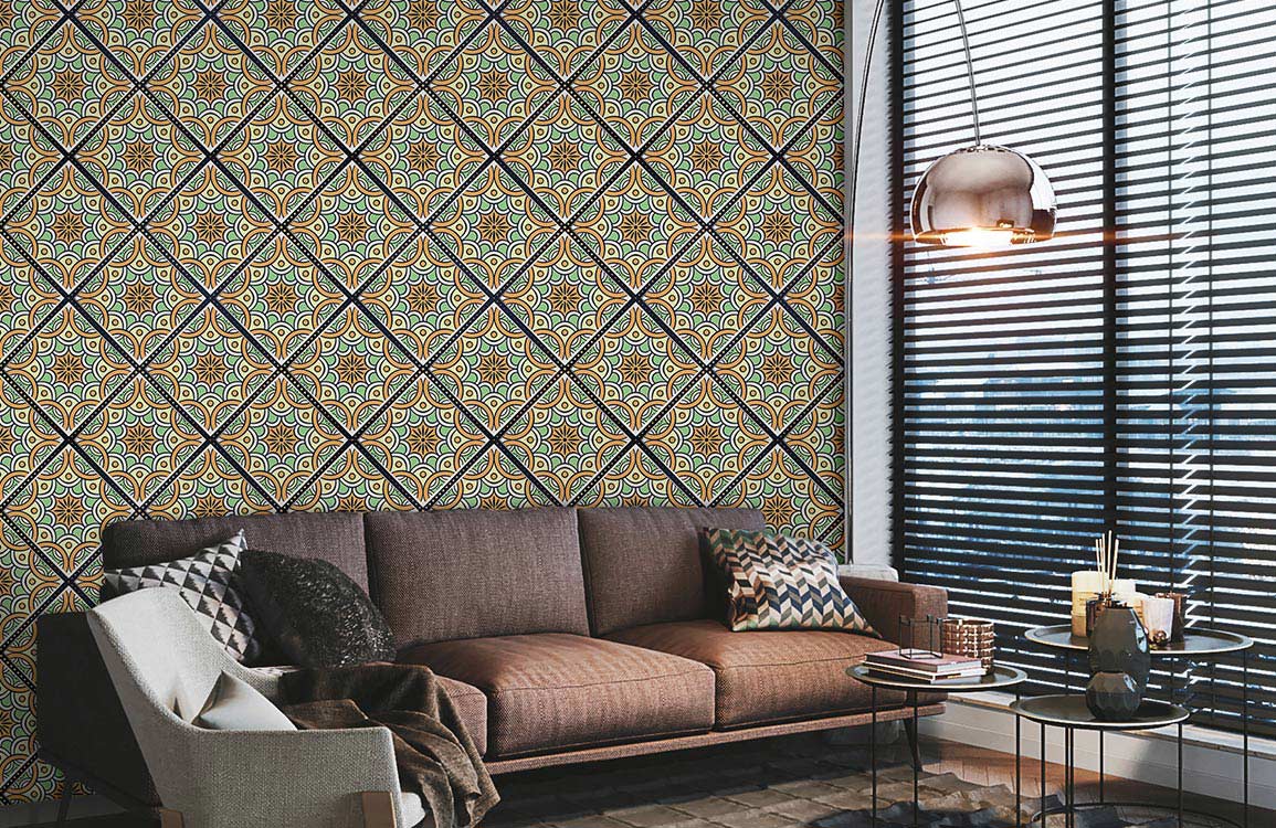 Vintage geometric tile pattern wallpaper in warm earth tones, brown sofa, and modern floor lamp.