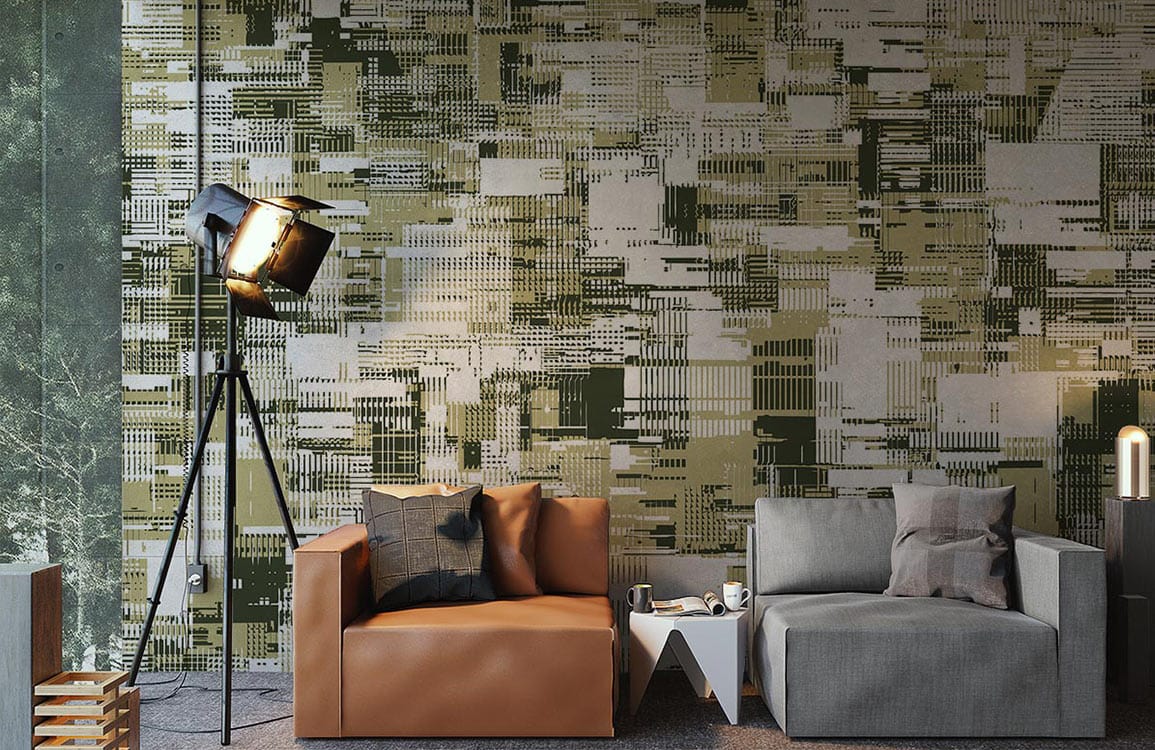 Modern Geometric Abstract Green Pixel Wallpaper, contemporary room, brown and grey sofas, standing lamp.