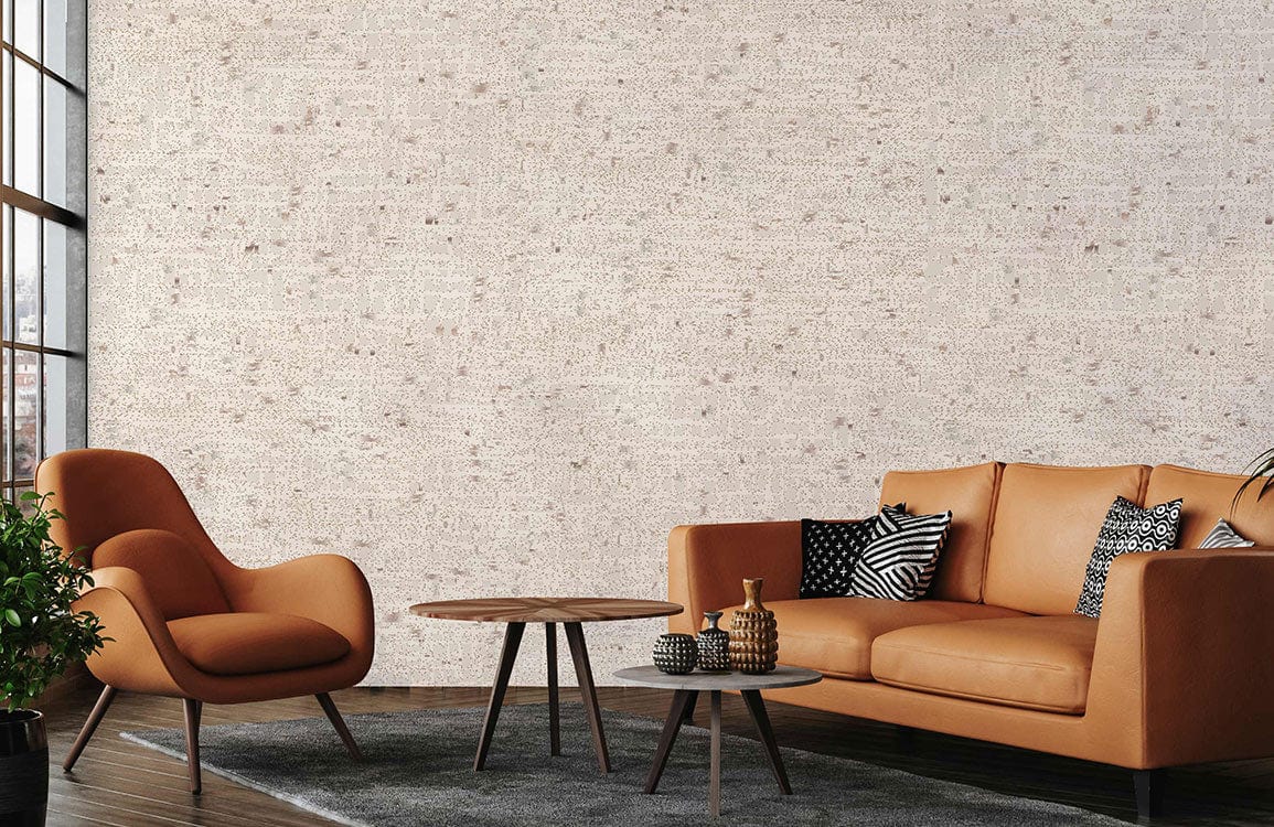 Elegant cream speckled wallpaper in living room with tan sofa, wooden tables, grey rug, minimalist decor.