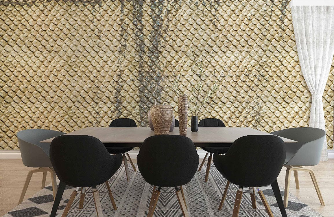 Rustic gold stone textured wallpaper in elegant dining room with modern black chairs and patterned rug.