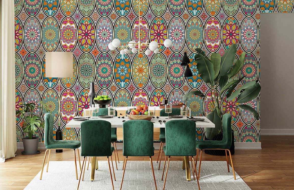 Bohemian geometric mandala wallpaper, green chairs, white table, dining room, eclectic decor, wooden flooring.