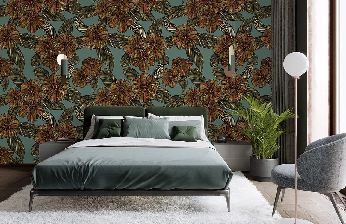 Vintage botanical floral wallpaper in earthy tones; elegant bedroom with dark green bed, grey chair.