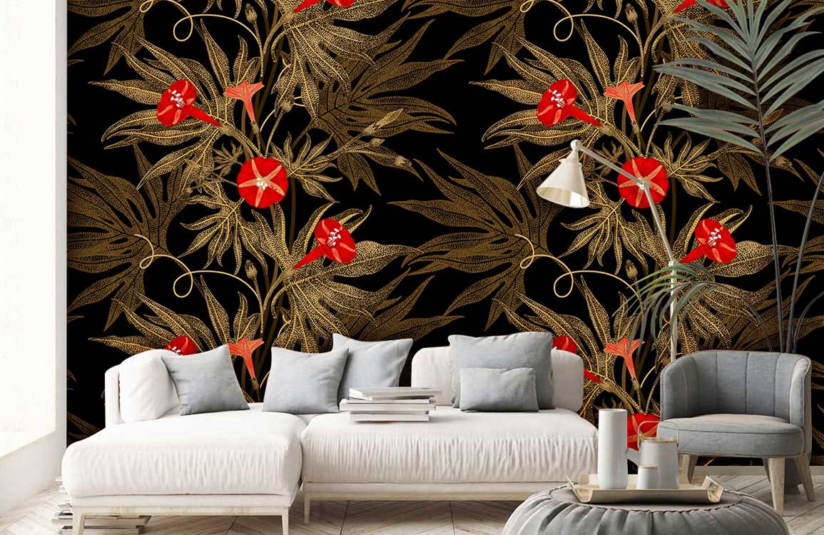 Luxurious wallpaper with gold and red tropical accents, white sofa, modern grey armchair, light wood flooring.